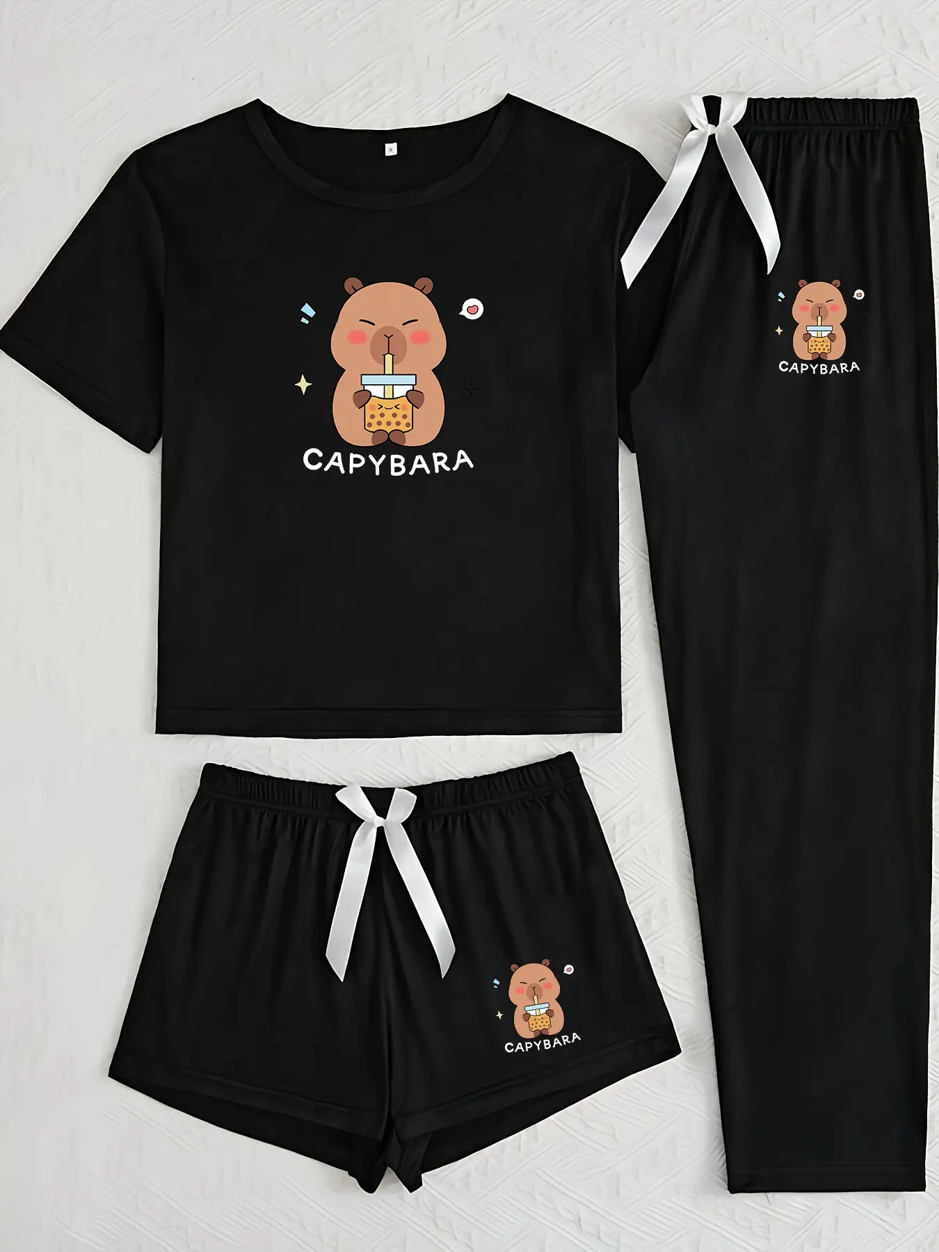 Three-Piece Pajama Set for Women, Cartoon Capybara Print, Loose-Fitting, Casual Style, All Seasons, Unlined, Random Print