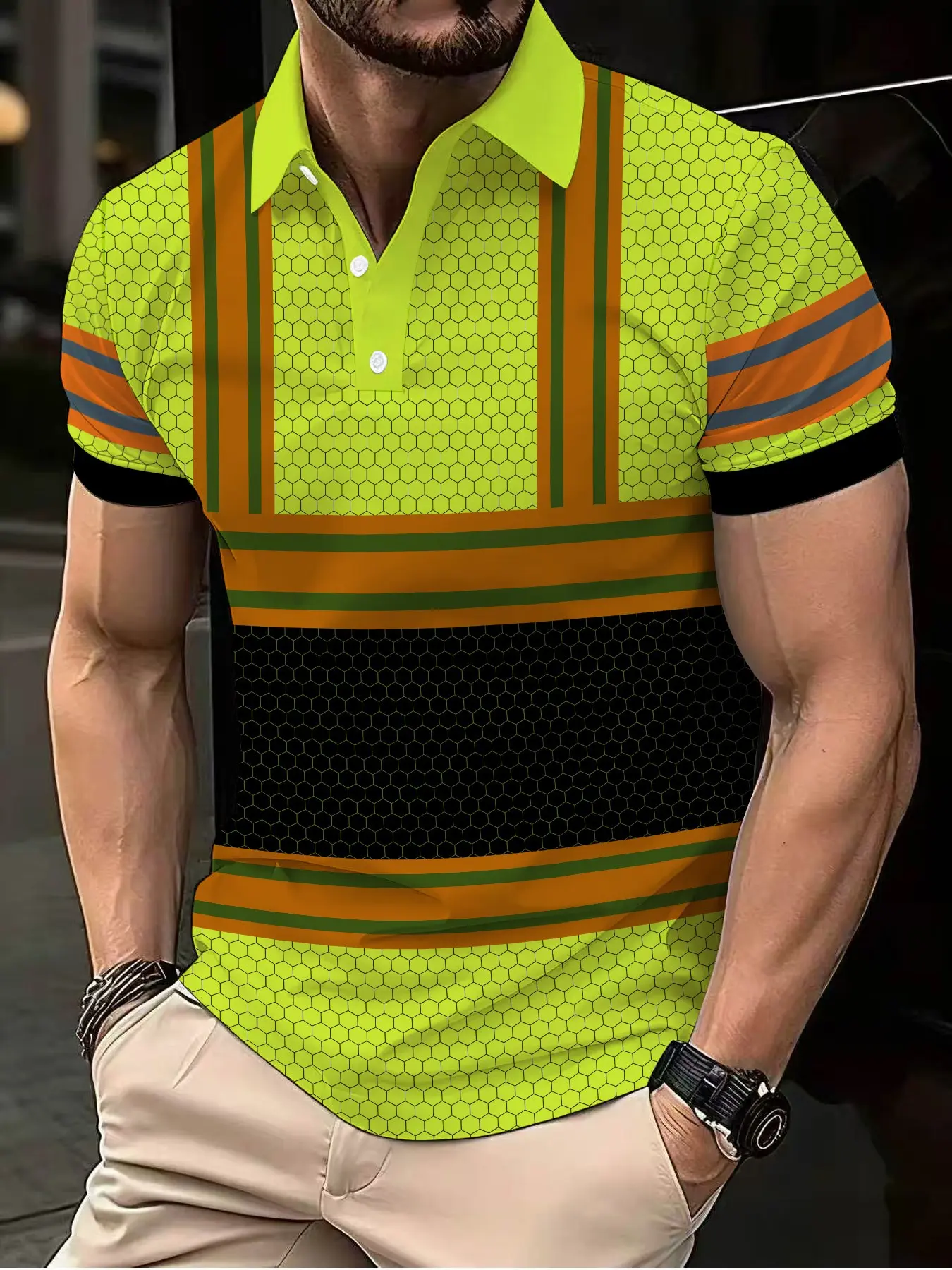 Men's neon lime green and fluorescent orange honeycomb polo shirt - Short-sleeved lime/orange contrasting collar and cuff casual athletic sportswear, Luminous Cool Casual, breathable summer outdoor T-shirt, suitable for beach, machine washable