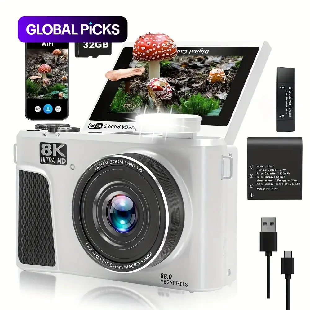New 8k Digital Camera for Youtube, 88mp Portable Vlogging Camera with Auto Focus, 3-Inch Flip Screen, 18x Zoom, Includes 32GB SD Card