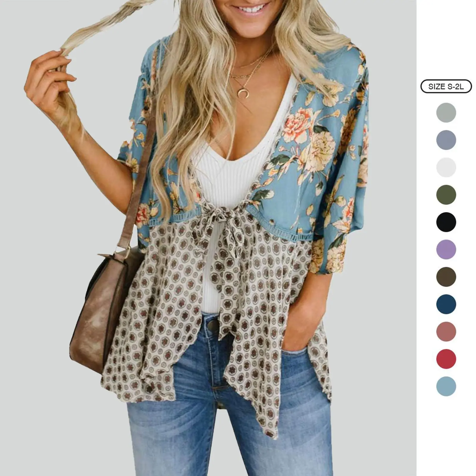 Imily Bela Womens Floral Boho Patchwork Kimono Cardigan Ruffle 3/4 Sleeve Chiffon Lightweight Flowy Belt Tie Front Loose Cover Ups Imily Bela Womens Floral Boho Patchwork Kimono Cardigan Ruffle 3/4 Sleeve Chiffon Lightweight Flowy Belt Tie Front Loose Cover Ups