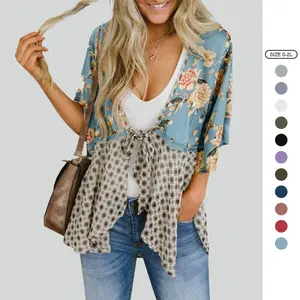 Imily Bela Womens Floral Boho Patchwork Kimono Cardigan Ruffle 3/4 Sleeve Chiffon Lightweight Flowy Belt Tie Front Loose Cover Ups