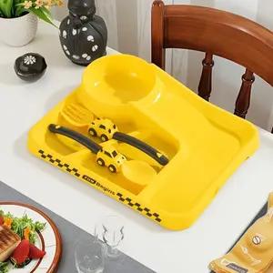 3-Piece Construction Themed Kids' Dining Set - Toddler Tableware with Fork, Spoon & Plate - Travel-Friendly Kitchenware for Party Use