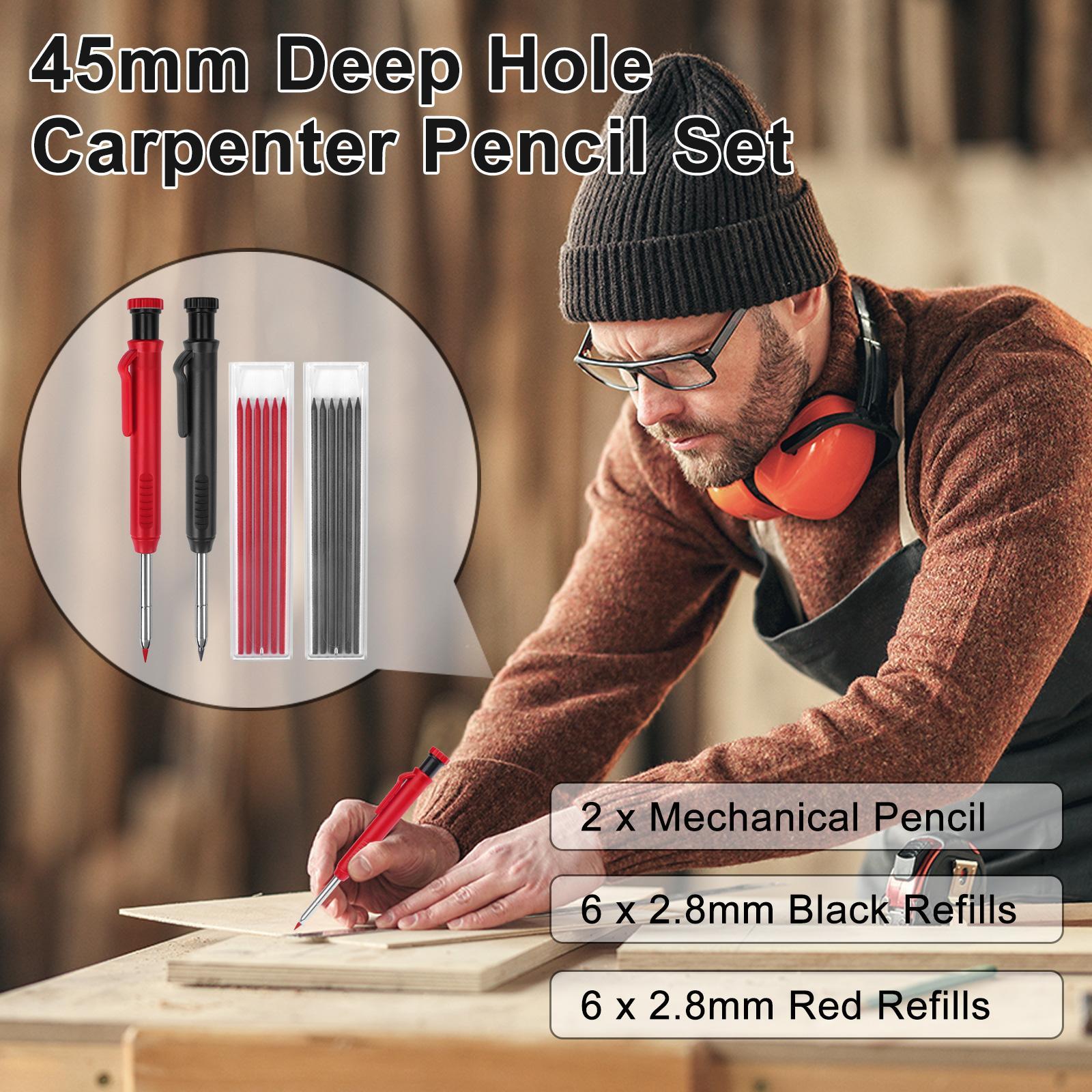Mechanical Pencil Set, Mechanical Drawing Pencils, carpenter pencil sets, 2 Carpenter Pencils and 12 pen refills, Construction pencils for construction and woodworking, deep hole marking, durable construction tools, black and red with box