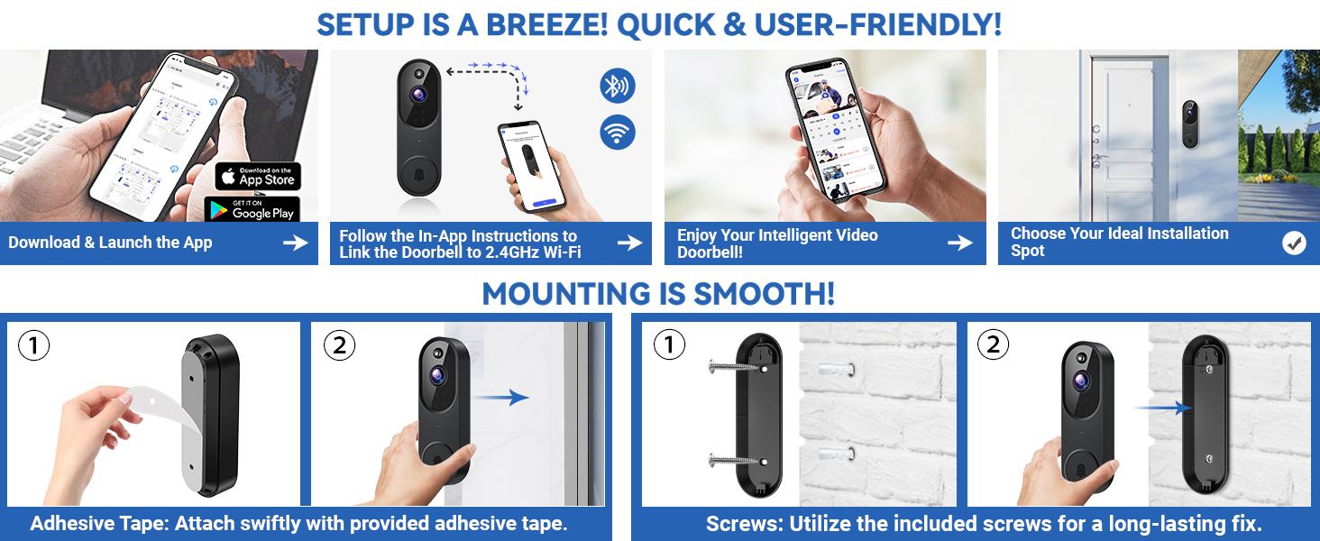 M52 Wireless Doorbell Camera – 1080P HD Security Camera for Indoor/Outdoor, Night Vision with 4 Infrared Lights, 120° Wide View, Motion Detection Alerts.Works with Smartphone, No Drilling Required – Perfect for Home Security & Front Door Monitoring