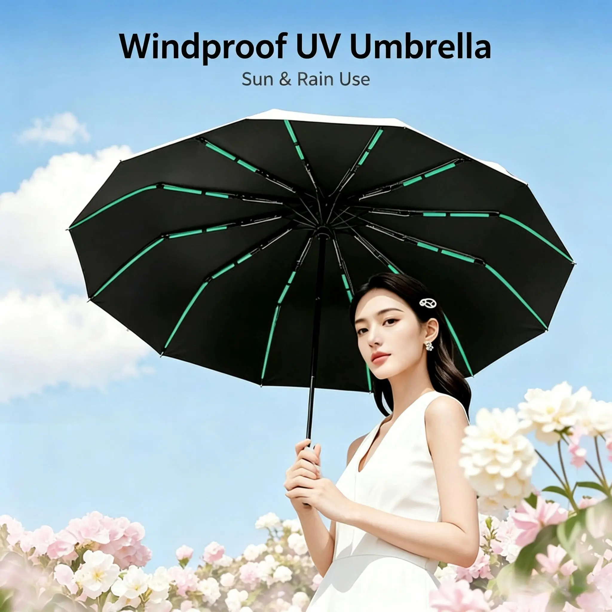 Auto-Open Foldable Umbrella, Windproof Umbrella, 12-Rib Solid Bone Build, Wind-Defying UV-Barrier, Ideal for Outdoor Excursions, Durable & Reliable Design