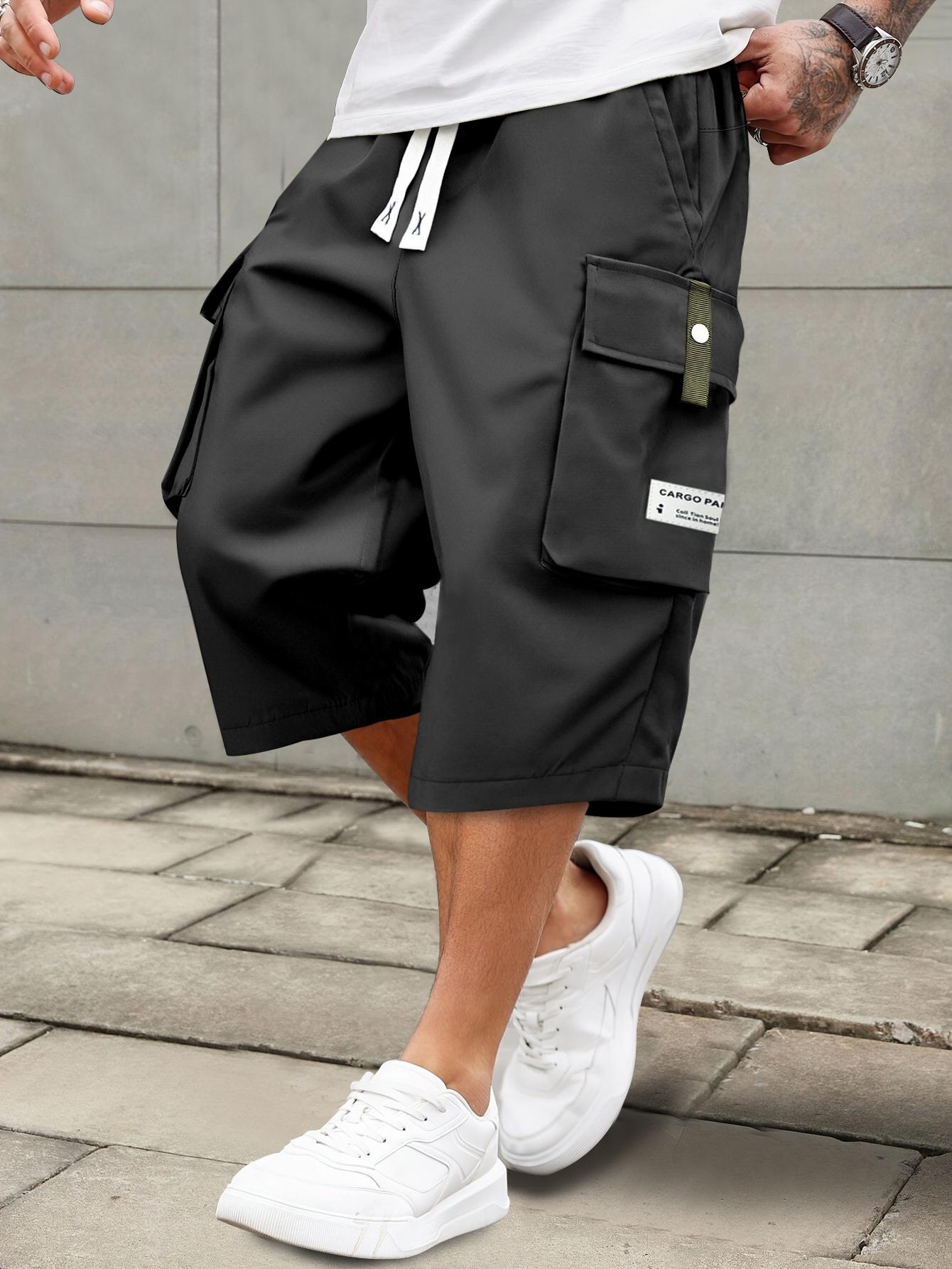 Men's Summer Casual Cargo Shorts - Elastic Drawstring Waist, Multiple Pockets & Letter Patch Design, Regular Fit Mid-Rise Non-Stretch Fabric for Daily Wear & Leisure Activities, Nontransparent Fabric