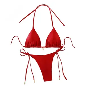 Women's Solid Red Halter Triangle Bikini Set, Front Shell Pendant Side Tie With Shell Bead Detail High Cut Cheeky Two Piece Bathing Suit, Soft Smooth Stretch Beach Swimwear for Pool Summer Vacation Resort Swim Outfit