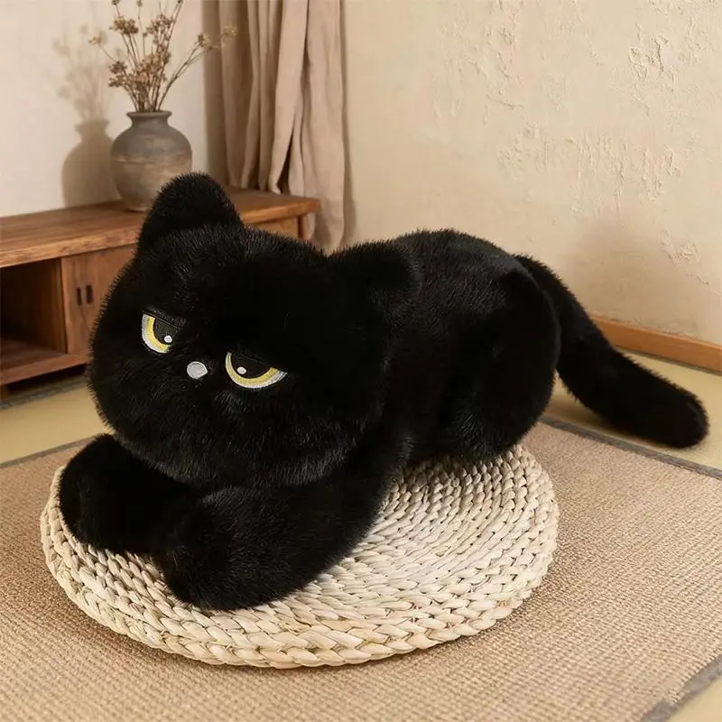35CM Cute Black Cat Plush Pillow Soft Stuffed Lying Cat Cushion Cartoon Simulated Animal Accompany Sleep Hug Cat Lovers Kid Gift