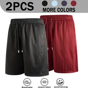 Summer 2 Pack Cool Feel Vertical Striped Bermuda Shorts For Men, Double Drawstring High Elastic Waist Loose Wide Leg Stretch Breathable Casual Mid Shorts For Young Men Campus Running Beach Vacation Outfits, 4 Colors Optional