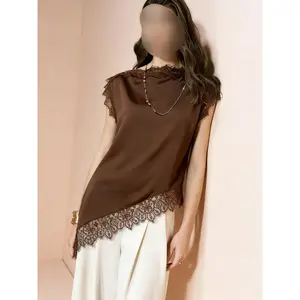Women's Lace Patchwork Asymmetrical Hem Casual Shirt Blouse Top, Stylish and Comfortable Design, Perfect for Daily Wear and Special Occasions