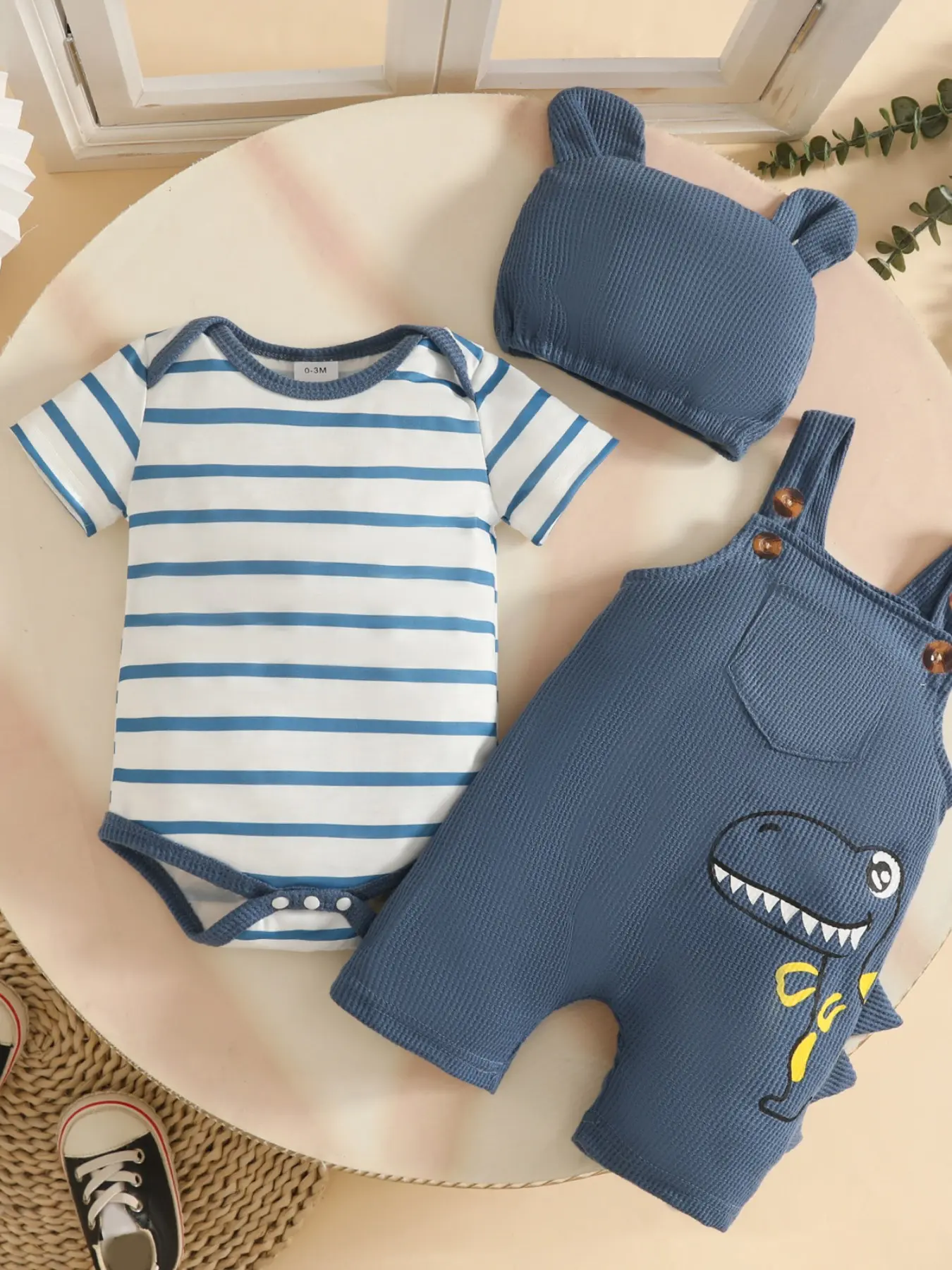 Summer Baby Striped Triangle Onesie Set, Dinosaur Pattern Bib Pants, Hat, Cute Casual Three-Piece for Infants