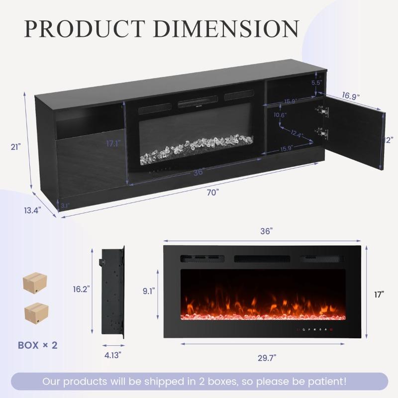 70'' Modern Built-in Electric Fireplace TV Stand with 3D Flame & 16-Color RGB LED, 36'' Recessed Fireplace Insert Heater, Entertainment Center for 80'' TVs in Living Room