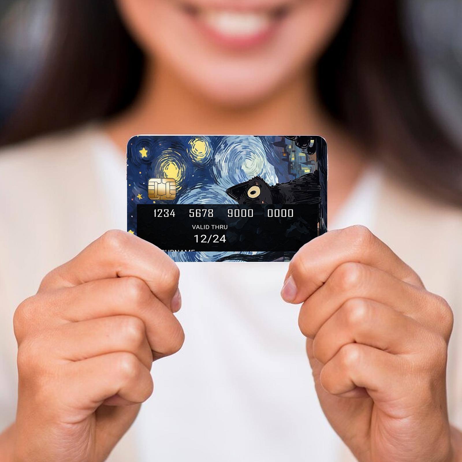 Van Gogh Starry Night Cat Pattern Credit Card Skin, 4 Counts/set Ultra-thin Waterproof Scratch Resistant Card Sticker, Personalized Bank Card Skin Protector, Graphic Decal, Sticker Sheets, Durable Adhesive Stickers