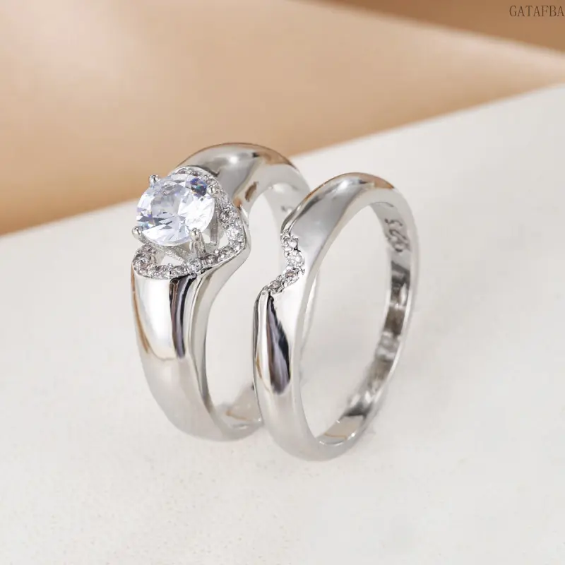 European Fashion Copper Platinum Plated Couple Ring Set 2Pcs, Trendy Simulated Moissanite Stackable Rings