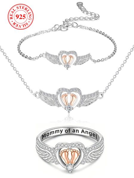 925 Sterling Silver Angel Wing Design Ring, Artificial Zircon Ring, Heart & Footprint Decorative Ring for Women, Fashion Jewelry Accessories for Daily Wear, Trendy All-match & Exquisite Jewelry for Birthday Gift, Dainty Ring