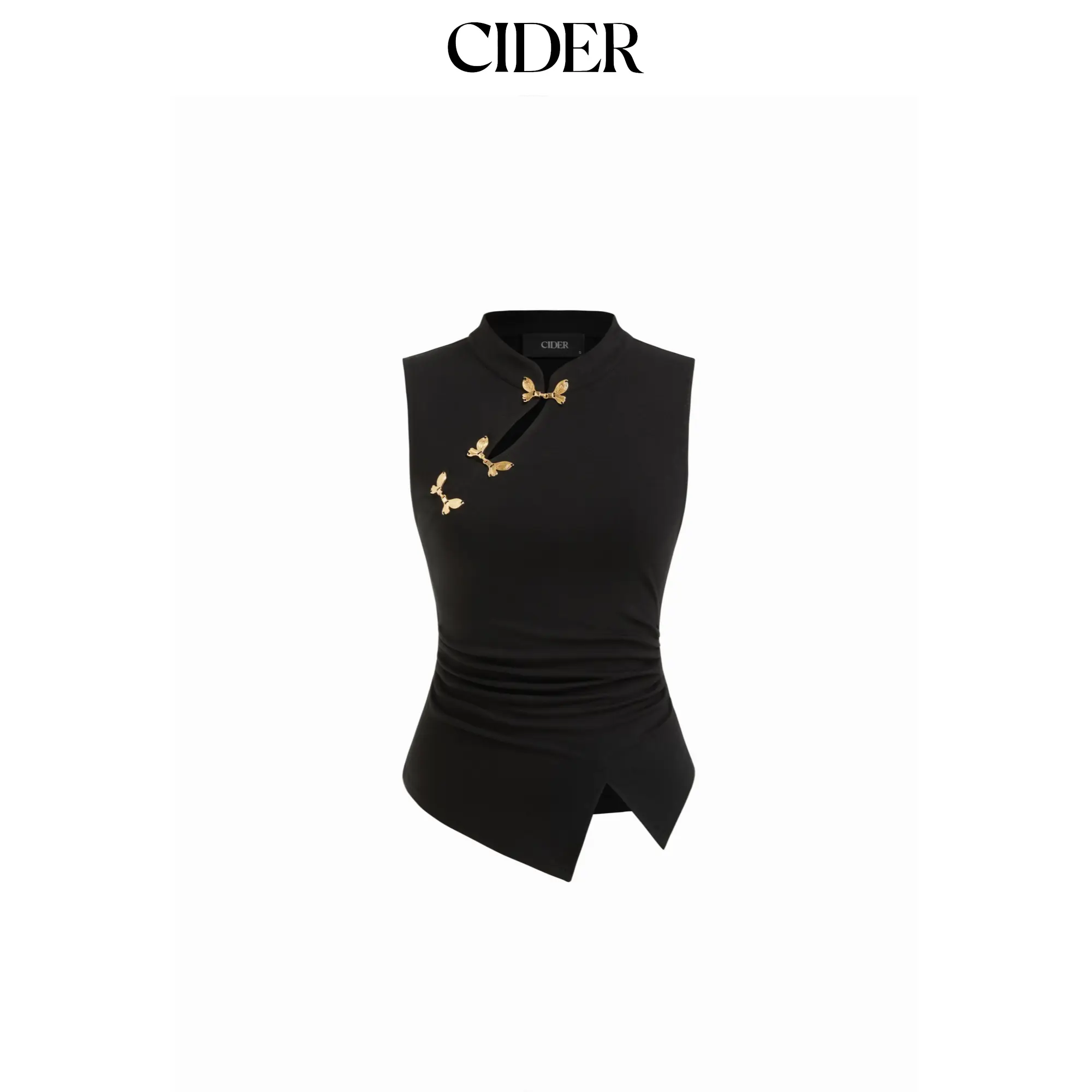 Cider Mandarin Collar Metal Detail Cut Out Ruched Split Top SummerWins SummerFinds