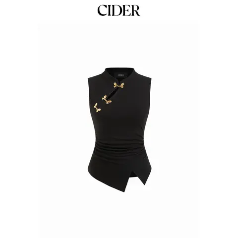 Cider Mandarin Collar Metal Detail Cut Out Ruched Split Top