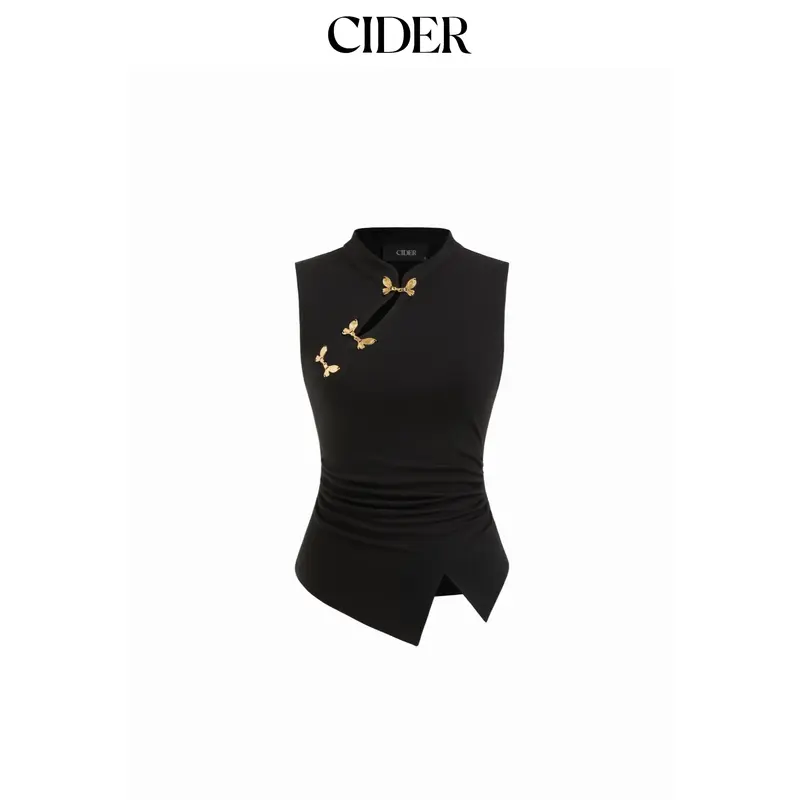 Cider Mandarin Collar Metal Detail Cut Out Ruched Split Top