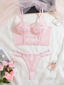 Fishbone Bra Set, Floral Embroidered Lace, Transparent Steel Ring, Low Waist Panties, 2-Piece Lingerie, Romantic Gift