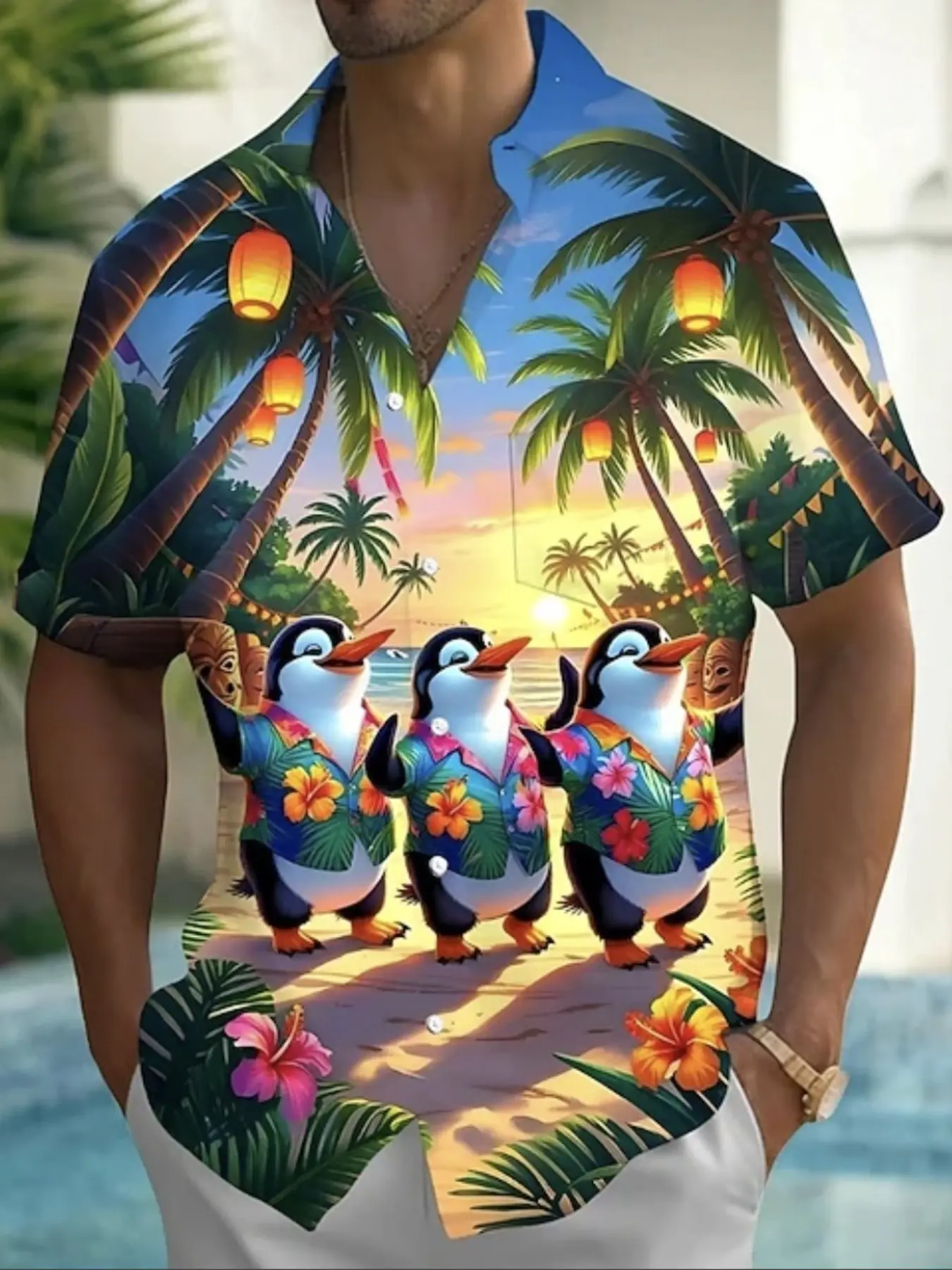 Men's Summer Tropical Hawaiian Shirt, Cartoon Penguin Print, Sunset Palm Tree Pattern, Loose Fit Collared Shirt, Fashion Casual Top for Beach Photos, Menswear