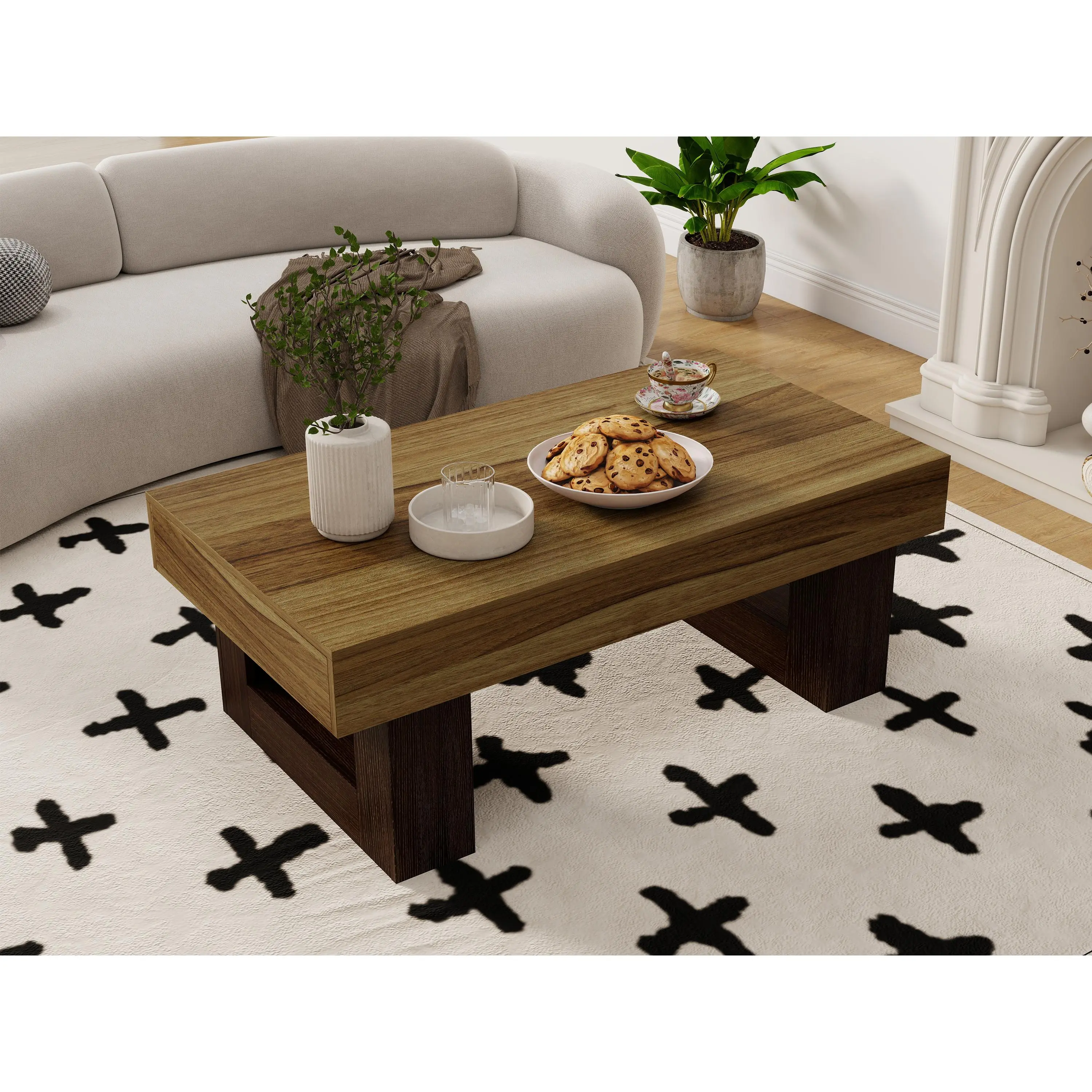 ARCH 42 Inch Rectangular Coffee Table for Living Room, All MDF Farmhouse Accent Center Low Cocktail Tea Table with Sturdy Base, Rustic Brown Wood Finish, Modern Farmhouse Style Furniture, Easy Assembly, Living Room Table for Sofa Side, Bedroom