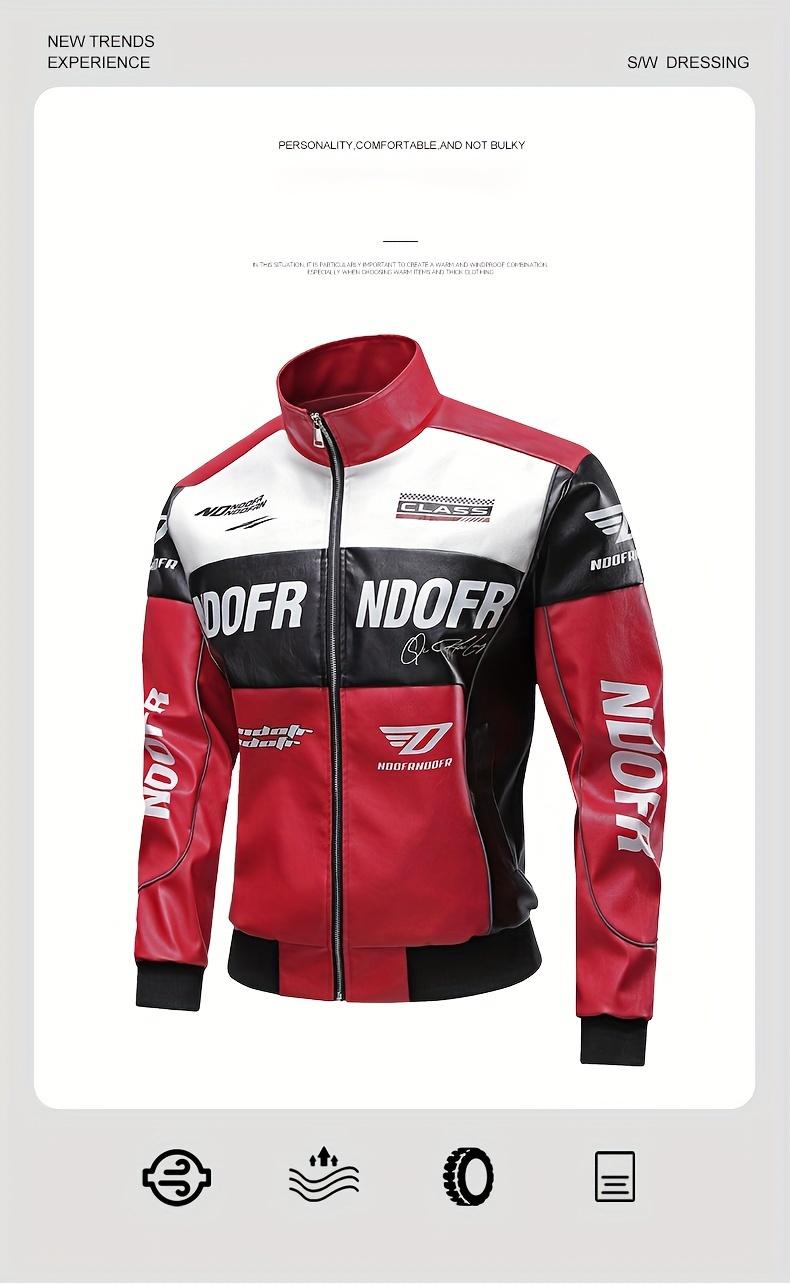 Men's PU Leather Racing Style Zip-up Jacket - Green and Black Color-block, Stand Collar and "HOOD FRENDS" Pattern Print, Casual Streetwear, Casual Clothing, Daily Jacket | Modern Casual Jacket | Smooth Leather Jacket