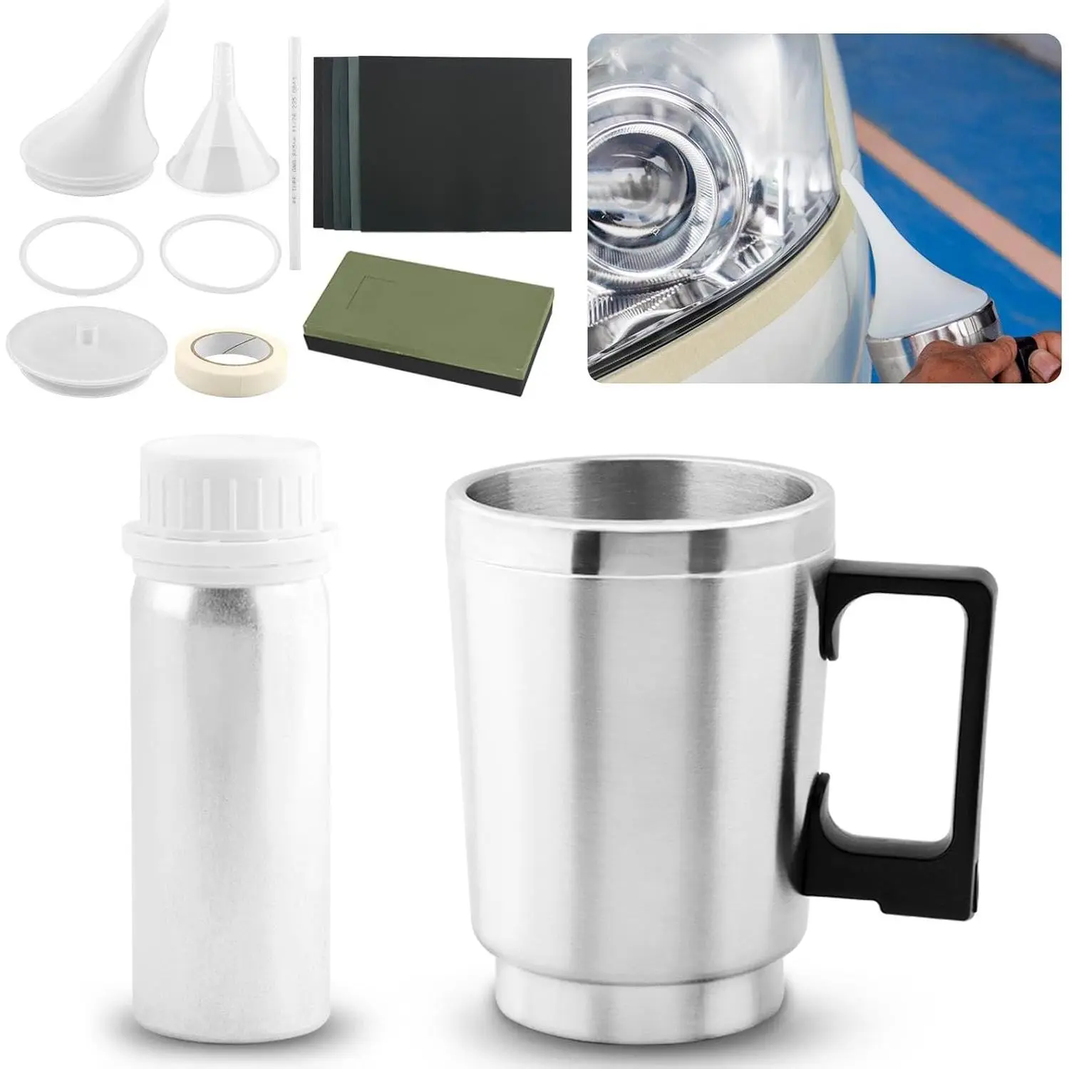 Headlight Restoration Kit, Auto Headlight Lens Polish Repair Kit Atomizing Cup Headlight Renovation Tool Auto Restore Kit, Headlight Restoration Wipe & Washer Kit
