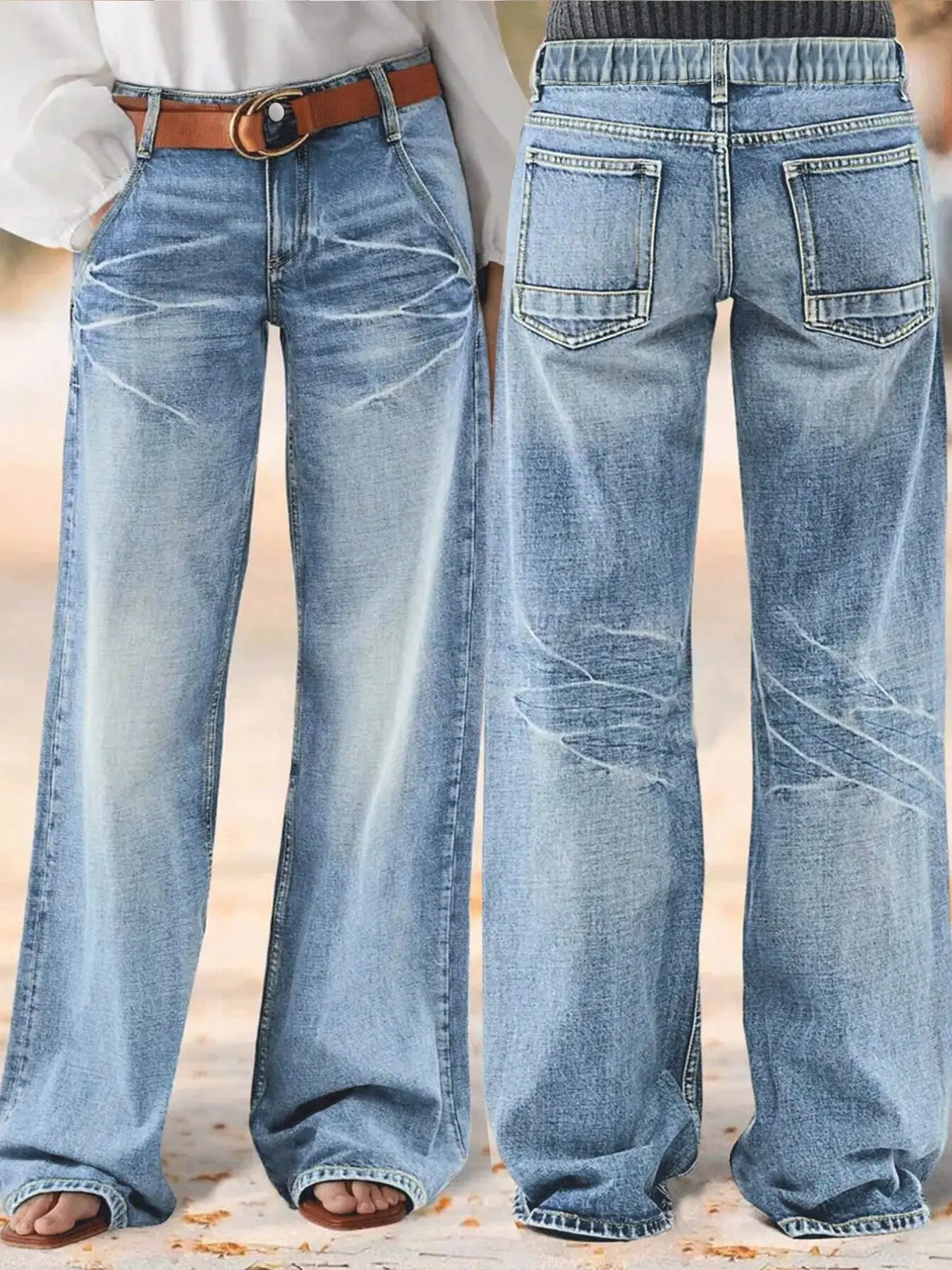 Stylish Women's Casual Straight Leg Light Wash Denim Jeans with Metal Buckle, Non-Stretch Elastic Waistband for Comfortable Everyday Wear