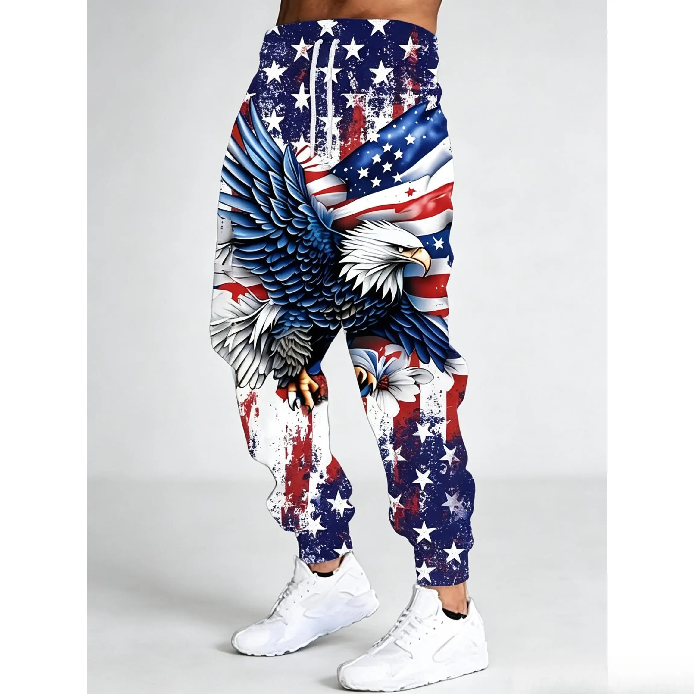 Men's Casual Eagle All Over Print Joggers, High Stretch Polyester Regular Fit Male Sweatpants, Father's Day Gift, Animals, All Seasons, Machine Washable, 4Xl, 5Xl
