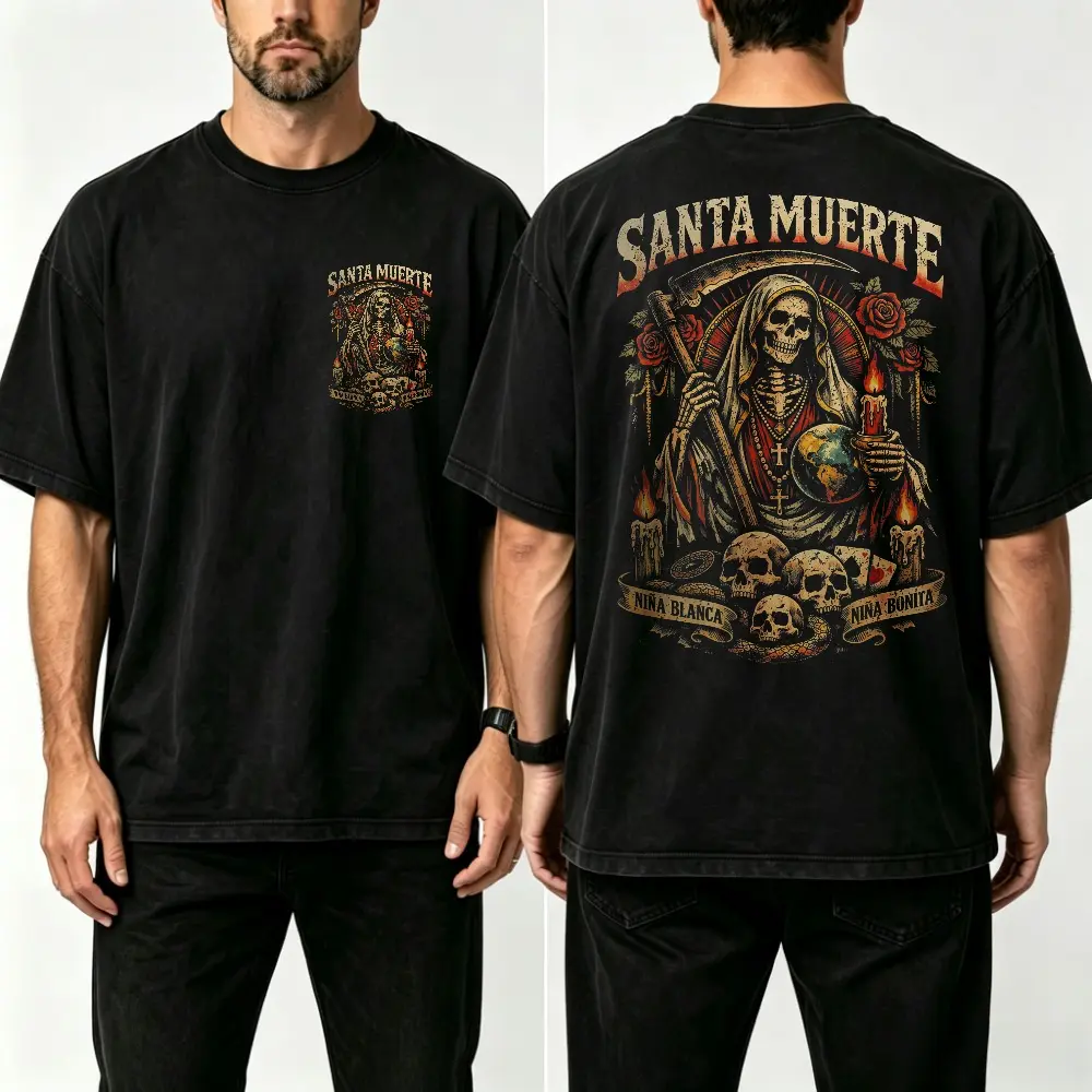 Santa Muerte Grim Reaper Back T-Shirt ,Gothic Death Saint Shirt ,Mexican Folk Saint Skull Tee ,Chicano Fashion Tee,Retro Horror T-Shirt,Unisex Streetwear Daily Fashion