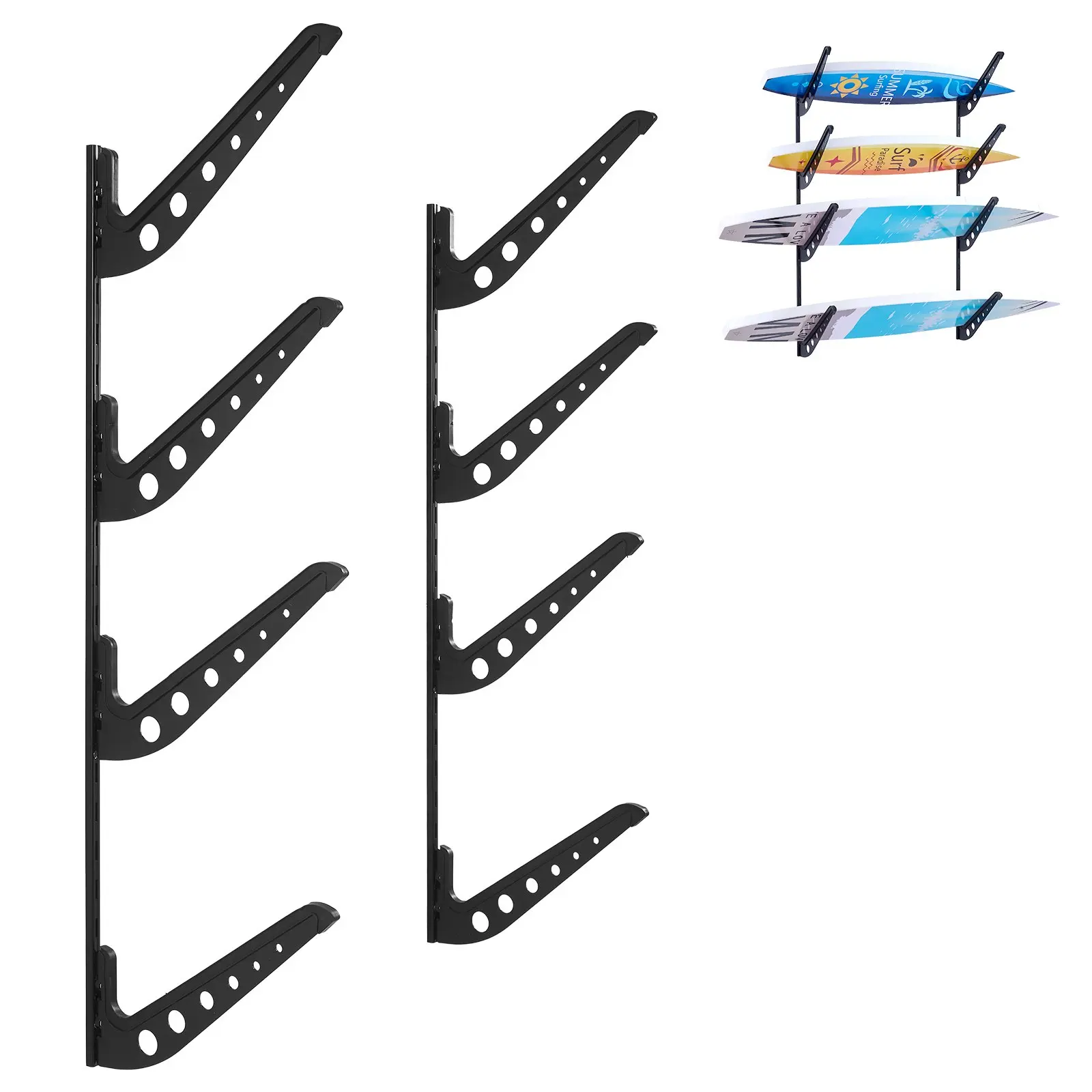 VEVOR Sturdy Iron Q235 Wall-Mounted Surfboard Rack, 4-Tier Multi-Level Horizontal Organizer with Adjustable Height, Water Sports Board Storage Holder for Surfboards, Skis