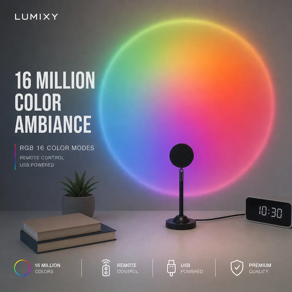 16-Color RGB LED Sunset Lamp Projector, Remote-Controlled 360° Rotation, USB-Powered Freestanding Aesthetic Desk Lamp, Indoor Mood Light for College Dorms, Viral TikTok Bedroom Decor, Gradient Lighting, Illuminating Led
