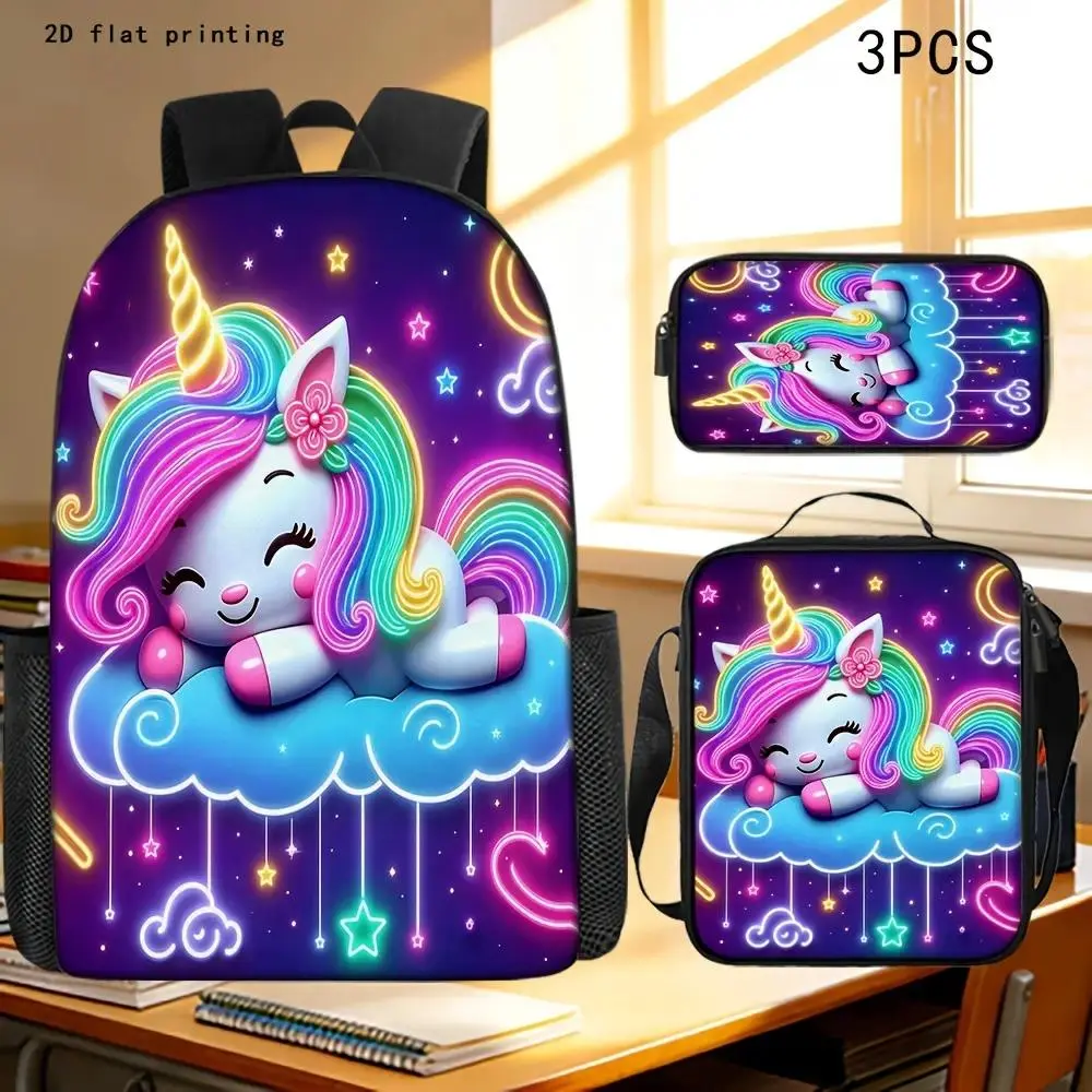 1pc/3pcs Trendy Unicorn Backpack, 2D flat printing, large capacity, lightweight design, stylish and unique shoulder bag, dreamy neon unicorn print backpack, suitable for back to school, camping, casual parties, and short cycling trips. bookbag