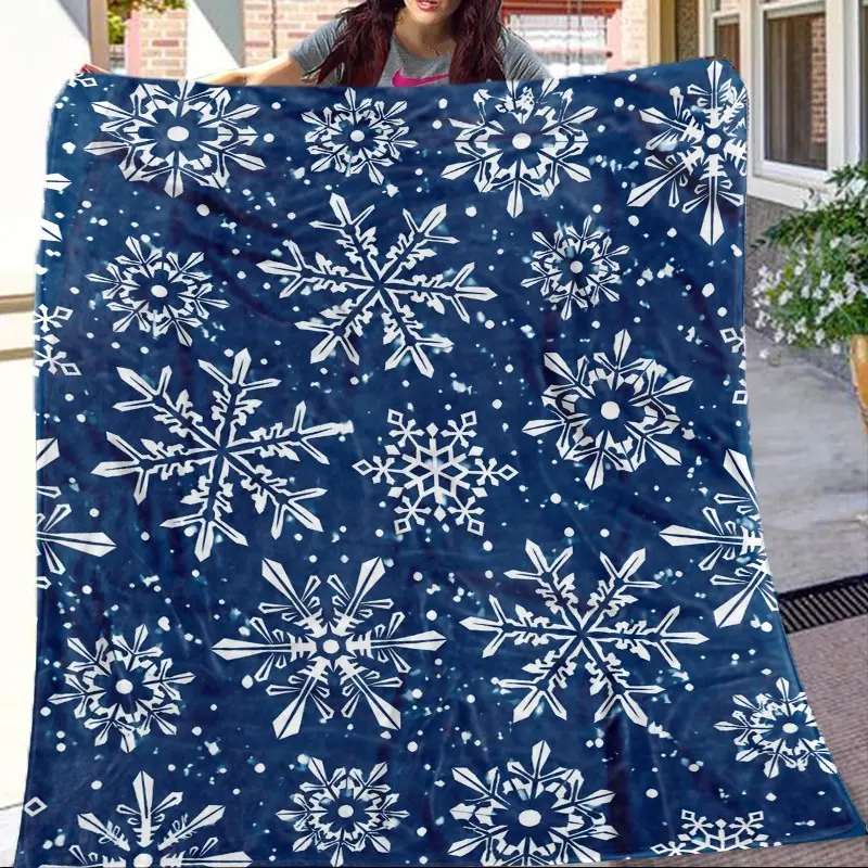 1 Piece Snowflake Winter Throw Blanket, Navy Blue Christmas Snow Pattern Blanket, Cozy Holiday Sofa Blanket, Soft Warm Winter Decorative Blanket for Bedroom Living Room Home Decor, Perfect Christmas Gift
