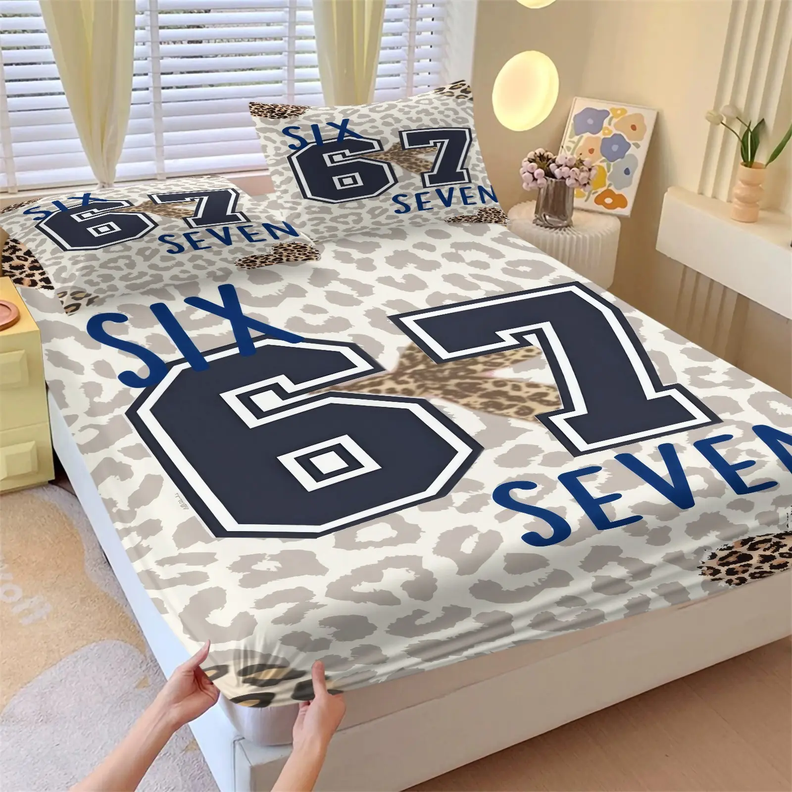 Retro Varsity Number 67 Fitted Sheet Set, Trendy Leopard Sport Print Bed Sheets Set, 1 Fitted Sheet & 2 Pillowcase No Filling, Soft Deep Pocket, Y2K Aesthetic Decor for Teens Young Adults Bedroom