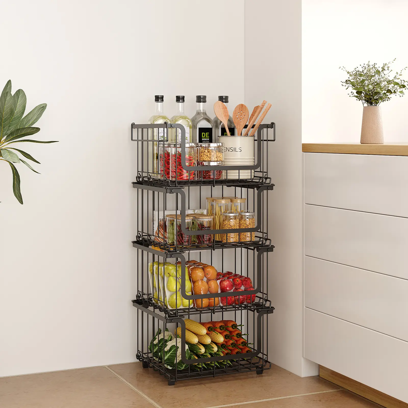 GARVEE Carbon Steel Kitchen Iron Wire Storage Basket Set, Multifunctional Home Organizer, Nestable Rack for Spice and Snack Storage
