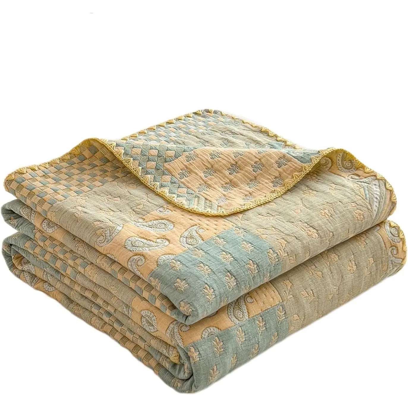 Farmhouse Flowers Muslin Cotton 4-Layer Full Size Reversible Yellow Patchwork Blanket for Adults, Lightweight Breathable Couch/Bed Summer Air Conditioner Coverlet (80x90 in)