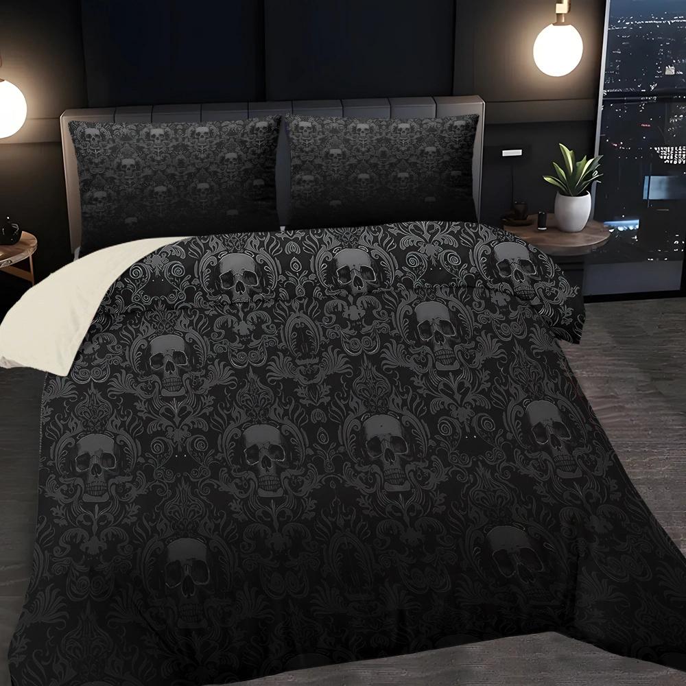 Skull & Floral Pattern Bedding Set, Including 1 Count Bedspread & Pillowcase without Filler, Soft Comfortable Bedding Set for Home Bedroom Duvet Cover Set