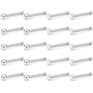20 count 316L Stainless Steel Nose  Stud Set with Clear Cubic Zirconia 20 Gauge Nostril Rings Pin   Women Men
