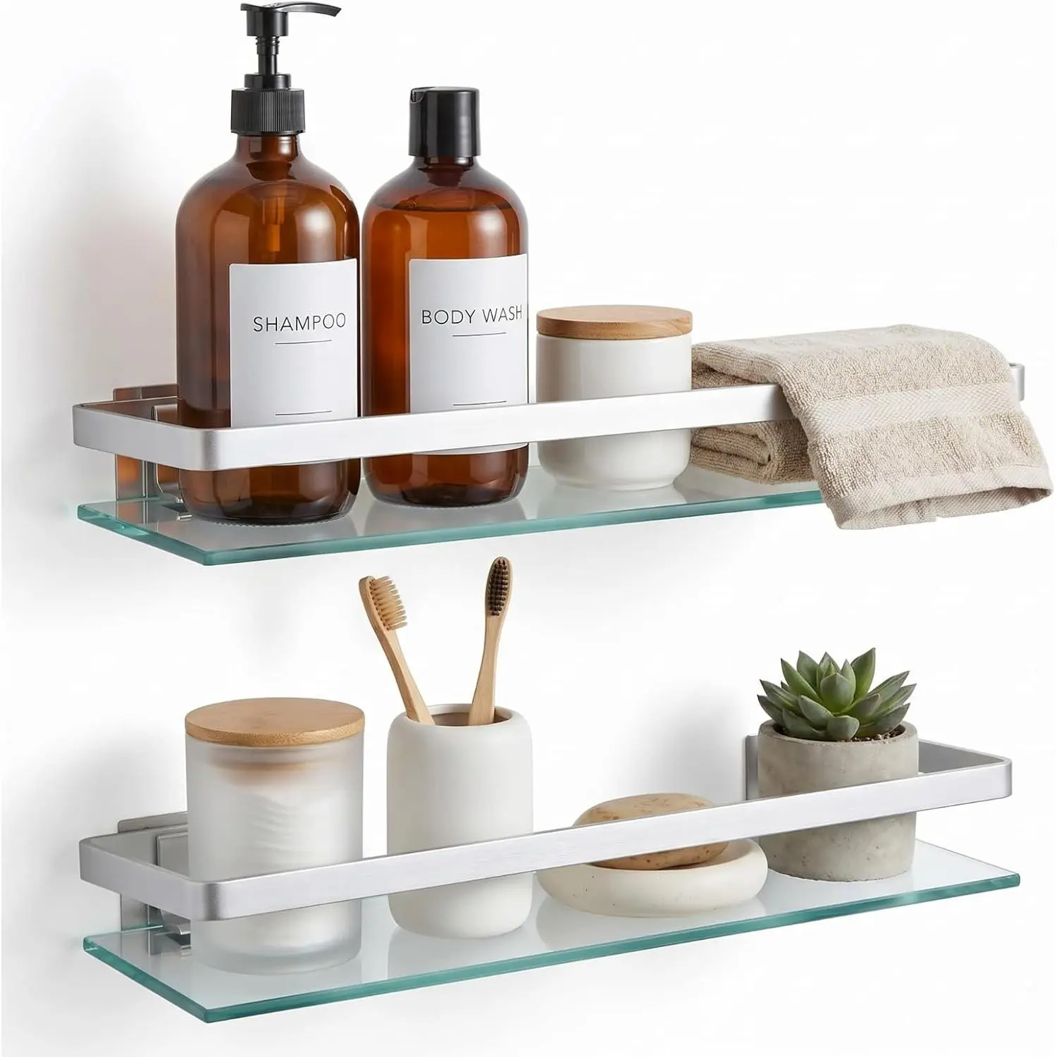 Ripeng 2 Pieces Bathroom Glass Floating Glass Corner Shelf Aluminum Tempered Wall Shelves Rectangular Rustproof Wall Mounted Storage Organizer for Toilet Shower, Silver
