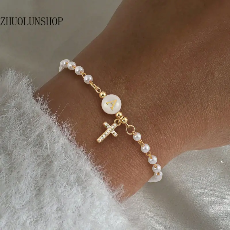 Women's 1-Piece Pave Zirconia Cross Round Initial Charm Bracelet, Vintage Minimalist Beaded Bangle, Nickel-Free Skin-Friendly Tarnish-Resistant Alloy, Personalized Monogram Stackable Jewelry for Daily Wear & Birthday Gifts