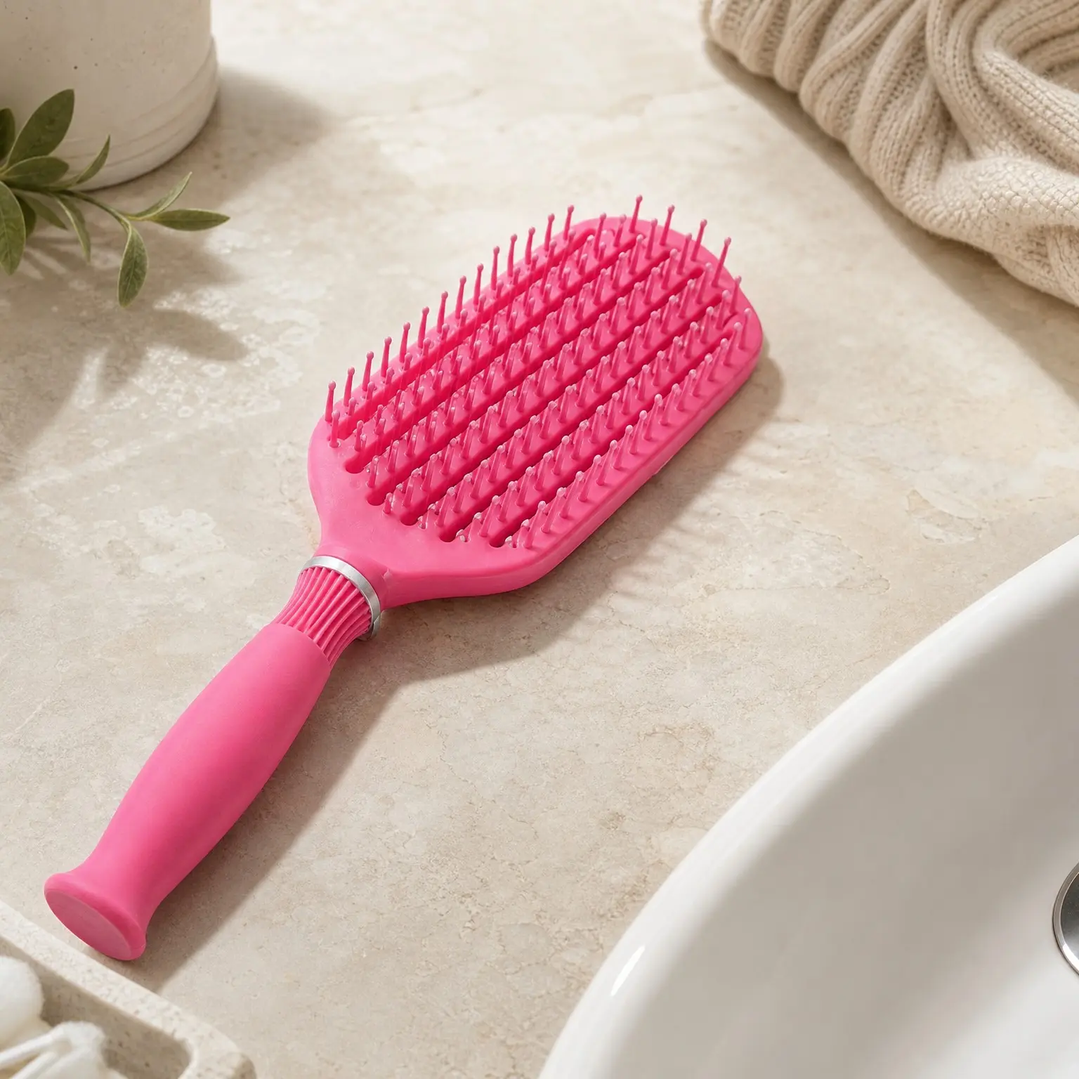 Flexible Detangling Hair Brush with Soft Nylon Bristles & Long Rubber Handle, Anti-Frizz Wet & Dry Detangler for All Hair Types, PinkGift