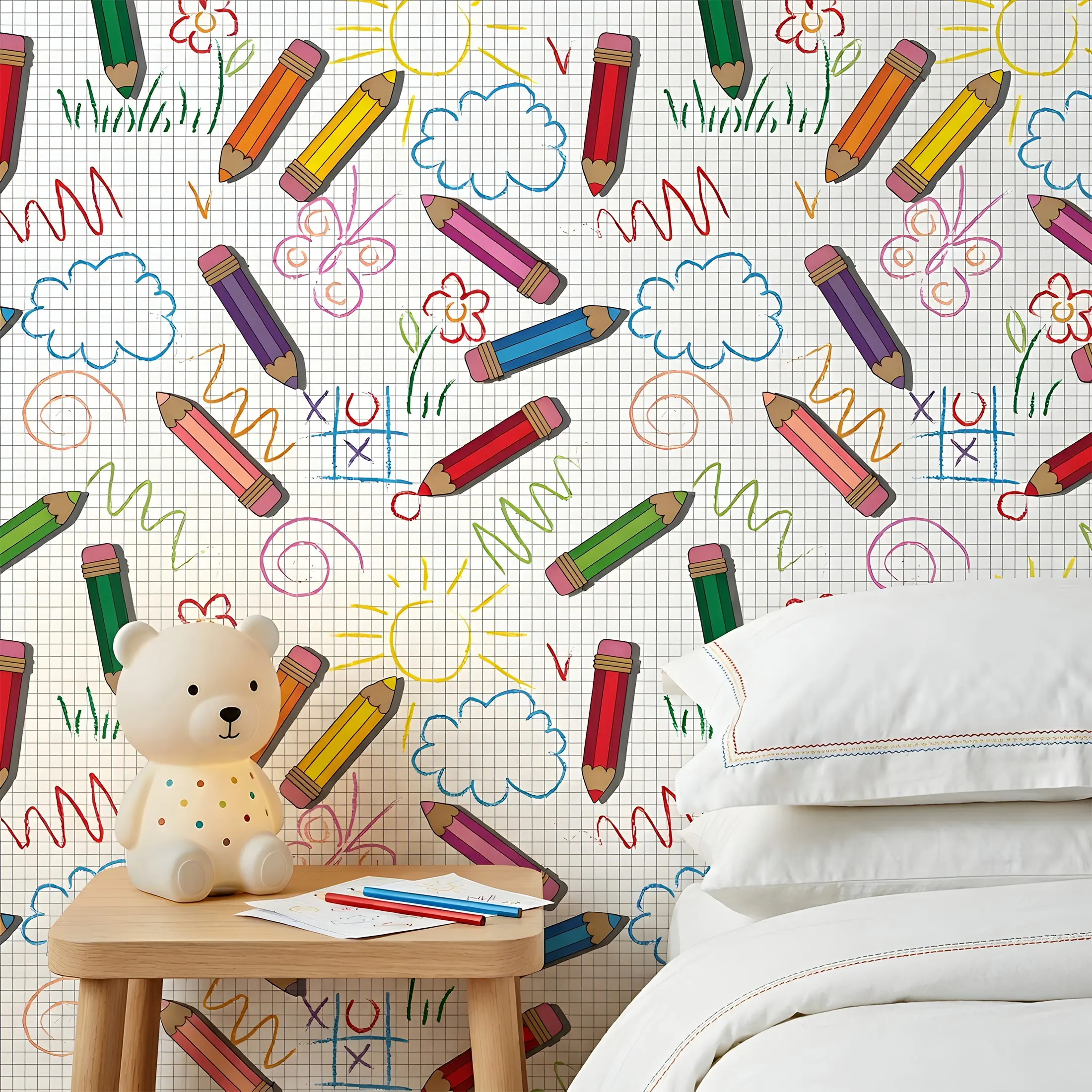 1 Roll 44.5cm/17.5in Width Grid Colored Pencil Doodle Wall Decals, Self-Adhesive Cute Hand Drawn Kids Wallpaper, Waterproof Furniture Decor Stickers, Easy to Cut & Install Wall Decor, for Boys Girls Bedroom Nursery Playroom Cabinet Wall Home Decor