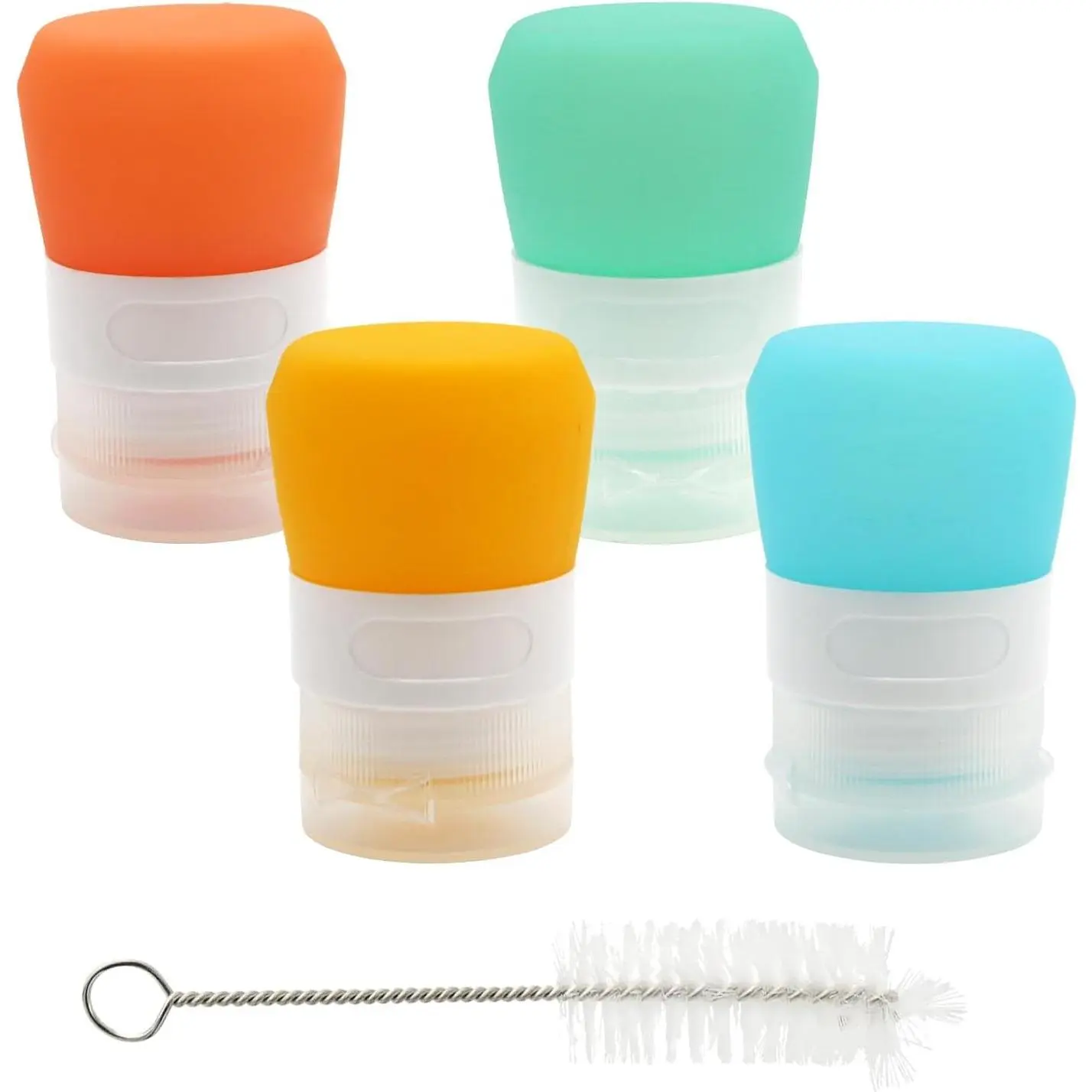 Portable Reusable 1 oz Mini Condiment Bottles, 4-Pack Compact Silicone Containers with Secure Lids, Wide Mouth for Sauces, Salad Dressing, Lunch Box & Travel Toiletries