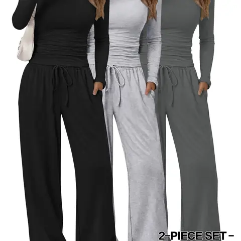 Women's Solid Ruched Drawstring Loungewear Set, Casual Long Sleeve Round Neck Top & Pocket Wide Leg Trousers, Ladies Sleepwear for All Seasons