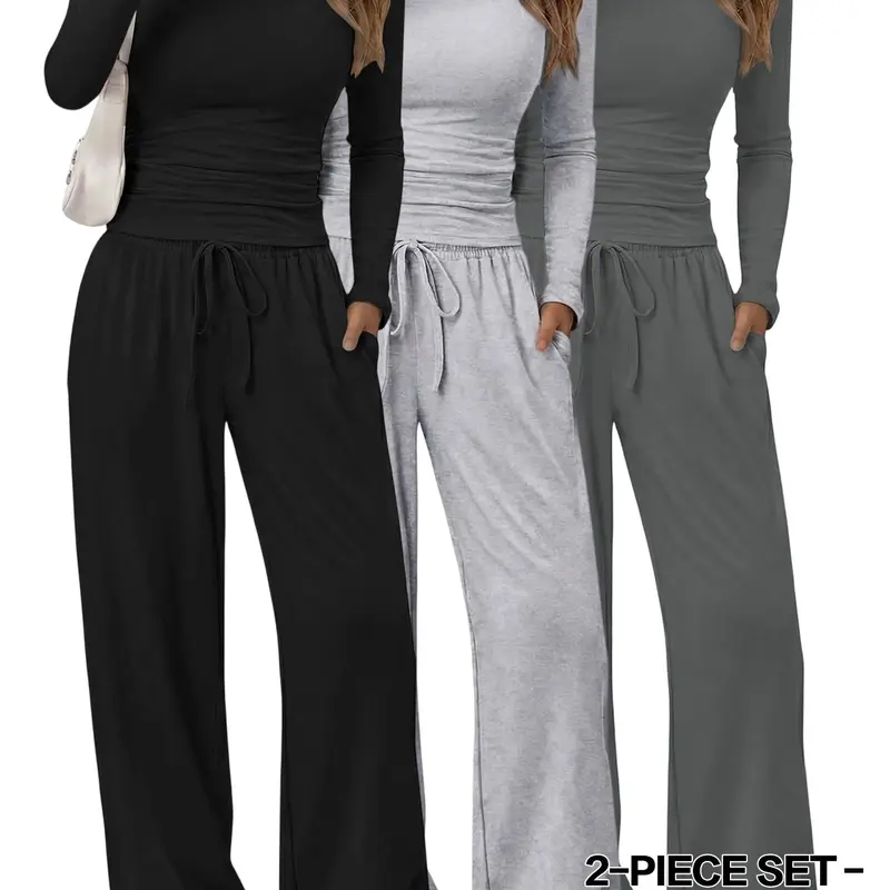 Women's Solid Ruched Drawstring Loungewear Set, Casual Long Sleeve Round Neck Top & Pocket Wide Leg Trousers, Ladies Sleepwear for All Seasons