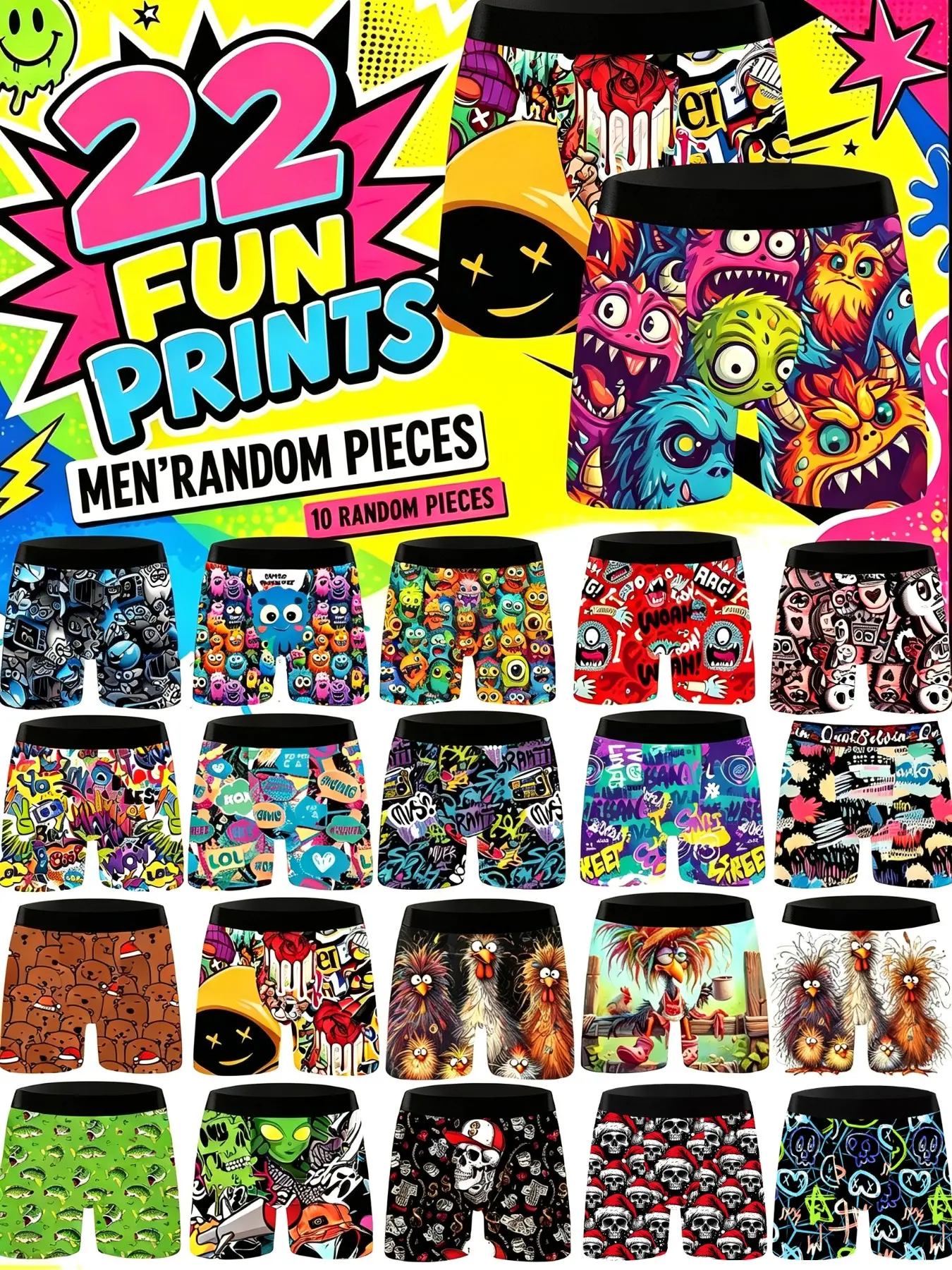 10-Pack Cartoon Digital Graffiti Print Men's Underwear, Knit Stretch Fashion Briefs, Comfortable Breathable Daily Wear, Perfect Gift for Him