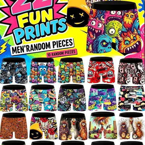 10-Pack Cartoon Digital Graffiti Print Men's, Casual Comfy Underwear, Knit Stretch, Comfortable Breathable Daily Wear, Perfect Gift for Him