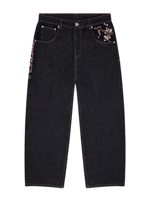 European and American retro plum blossom embroidered straight-leg jeans, unisex, versatile, unique street style trendy jeans, cross-border