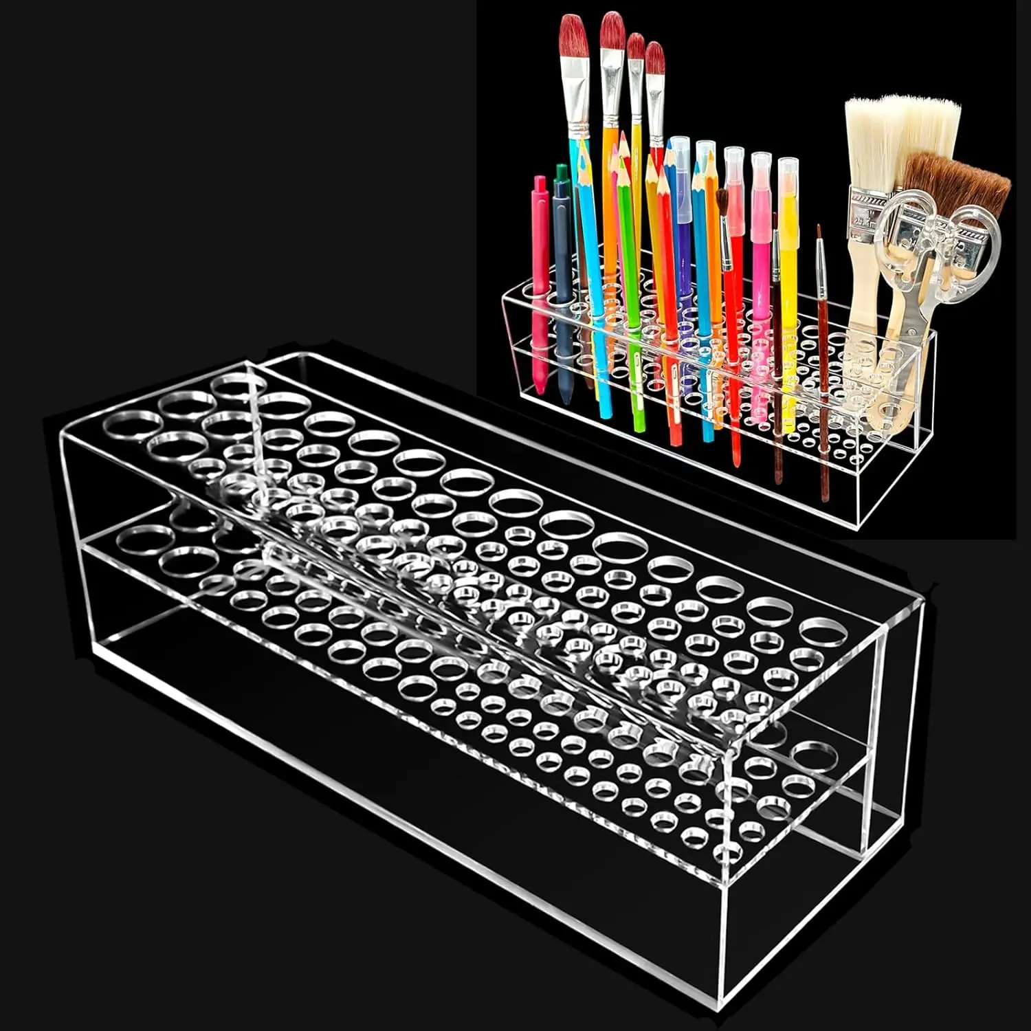 Acrylic Paint Brush Holder 77 Holes and Multi-functional Compartment Paintbrush Organizer Artist Brush Holder Paint Brush Stand Rack for Pens Pencils